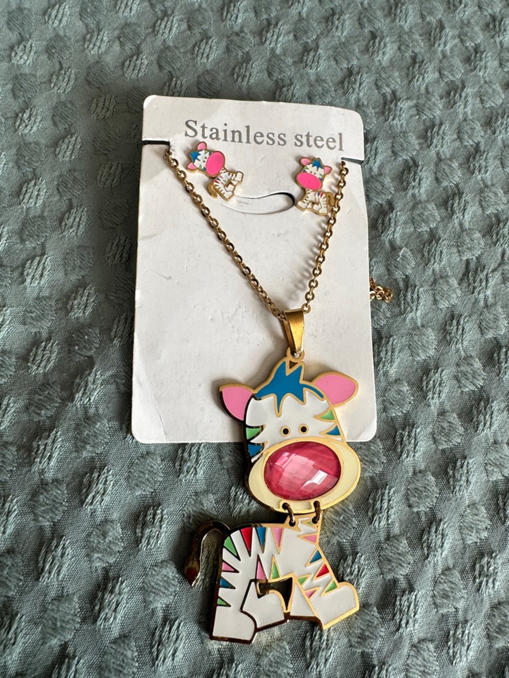 Kids Cute Zebra Pendant Necklace and Earring Set - Pink & Multicolor
